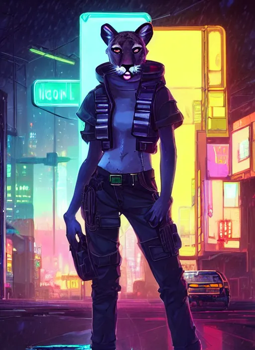 Image similar to beautiful portrait commission of a female furry anthro mountain lion wearing a bullet proof vest and cargo pants. Cyberpunk city at night in the rain. Neon light. Atmospheric. Character design by charlie bowater, ross tran, artgerm, and makoto shinkai, detailed, inked, western comic book art