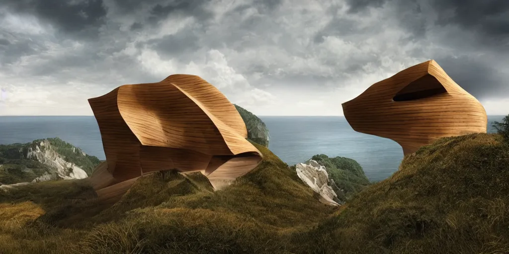 Image similar to wooden cabin on a cliff designed by zaha hadid, cinematic lighting, deep focus, sharp focus, golden ratio, dramatic illumination, hdr, ultra realistic, 8 k, highly detailed, trending on artstation, epic composition, by caravaggio, by artemisia lomi gentileschi