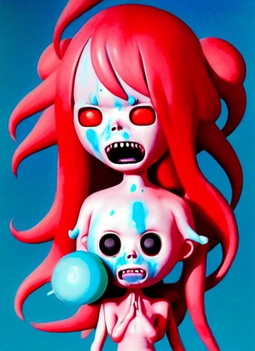 Prompt: a dramatic emotional hyperrealistic pop surrealist oil panting of a sad sobbing grotesque kawaii vocaloid figurine caricature sobbing red in the face uglycrying with tears and snot featured in dead space hill 2 by roger dean made of dripping paint splatters, 😭 🤮 💕 🎀