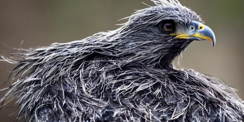 Image similar to scenic photo of a bird of prey, covered in feathers. focus on the beak. intricate eyes. extremely large wings. extreme detail, hyperrealistic photo