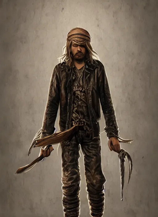 Prompt: detailed full body concept art illustration matte painting of kurt cobain pirate in full intricate clothing, ultra detailed, digital art, octane render, 4K, dystopian, micro details