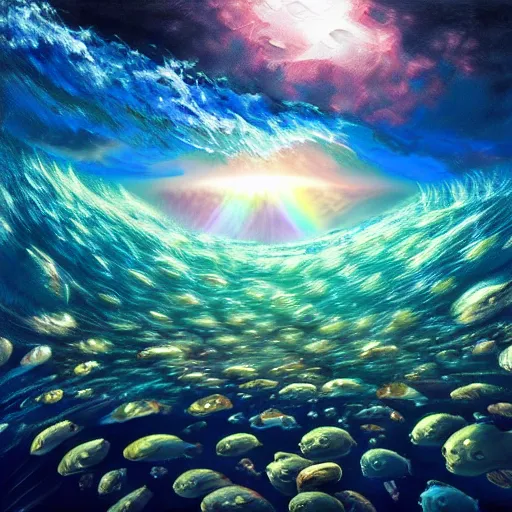 Image similar to ultra realist soft painting of an underwater fish universe in a storm globe, symmetry accurate features, very intricate details, rainbow lighting, volumetric light water