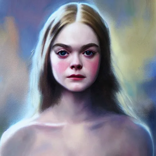 Prompt: ultra realistic medium shot portrait painting of elle fanning in prey, beach, art by frank frazetta, 4 k, ultra realistic, highly detailed, epic lighting