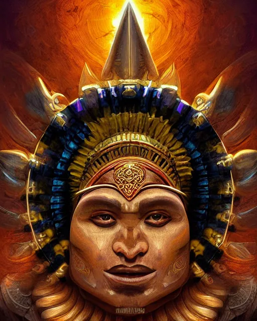 Prompt: digital painting of kinich ahau, mayan sun god, by filipe pagliuso and justin gerard, symmetric, fantasy, highly detailed, realistic, intricate, portrait, sharp focus, tarot card