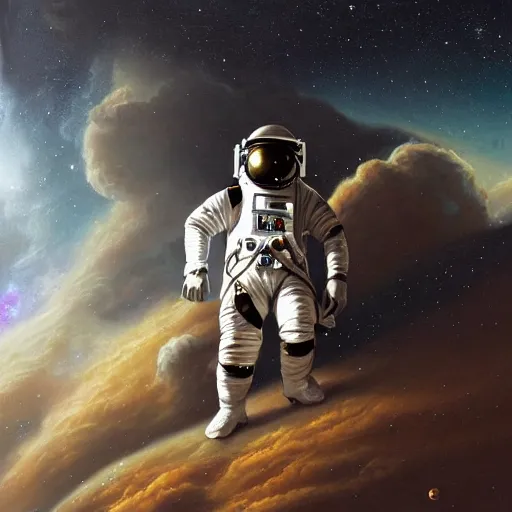 Image similar to detailed rococo painting of a black astronaut spacewalking, planets behind, nebulas, dynamic lighting, 8 k, star wars, art by greg rutkowski, kehinde wiley