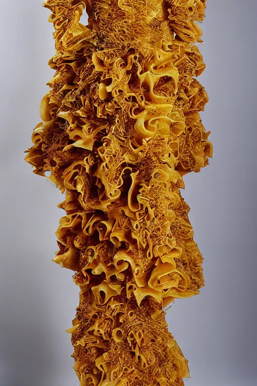 Image similar to haute couture dress made out of lasagna, styled by alexander mcqueen, high details