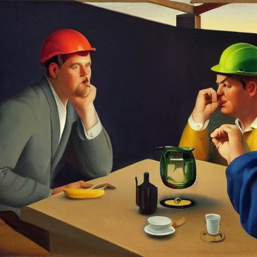 Image similar to a foreman calls his crew for lunch by Raphael, Hopper, and Rene Magritte. detailed, romantic, enchanting, trending on artstation.