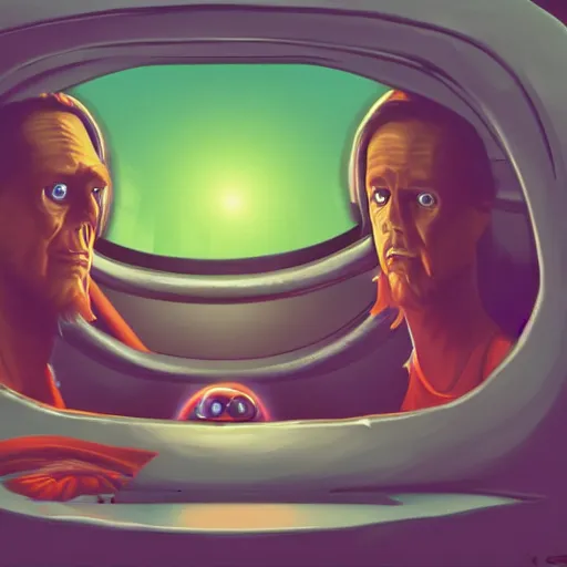 Prompt: aliens watching a jim carrey movie in a spaceship, digital art, trending on artstation