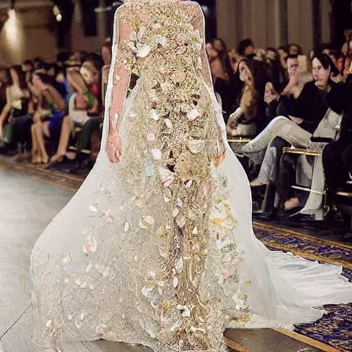 Image similar to a long wedding dress with a train made of flower petals made of light - colored fabric. transparent in places. in places, patterns of precious stones. intricate patterns of gold thin threads. fantasy. clear details