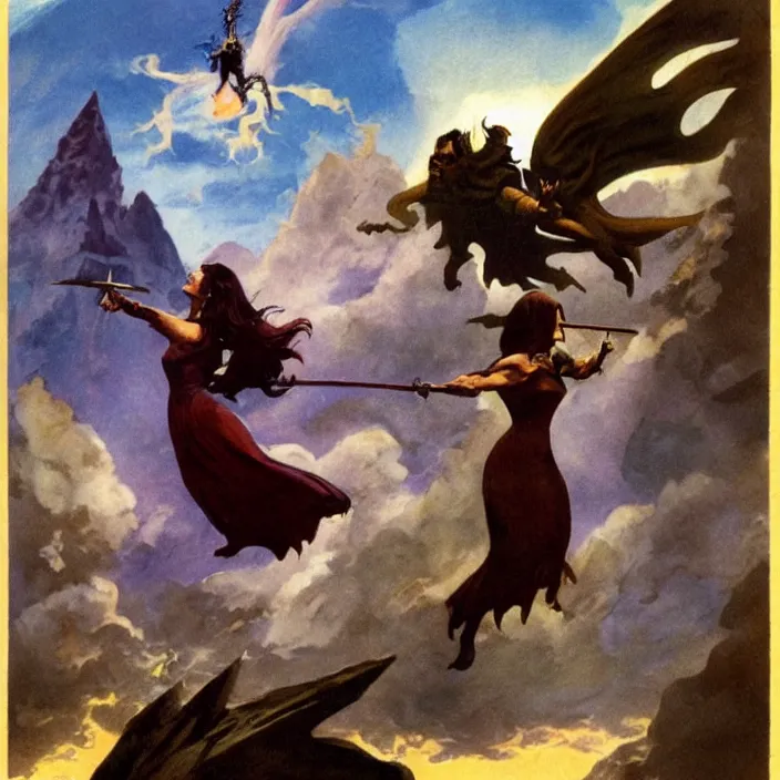 Image similar to female wizard casting morsmordre spell into the sky over hogwarts by frank frazetta