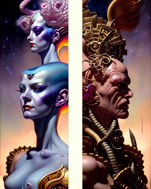 Image similar to beautiful gemini good and evil fantasy character portrait, ultra realistic, wide angle, intricate details, the fifth element artifacts, highly detailed by peter mohrbacher, hajime sorayama, wayne barlowe, boris vallejo, aaron horkey, gaston bussiere, craig mullins