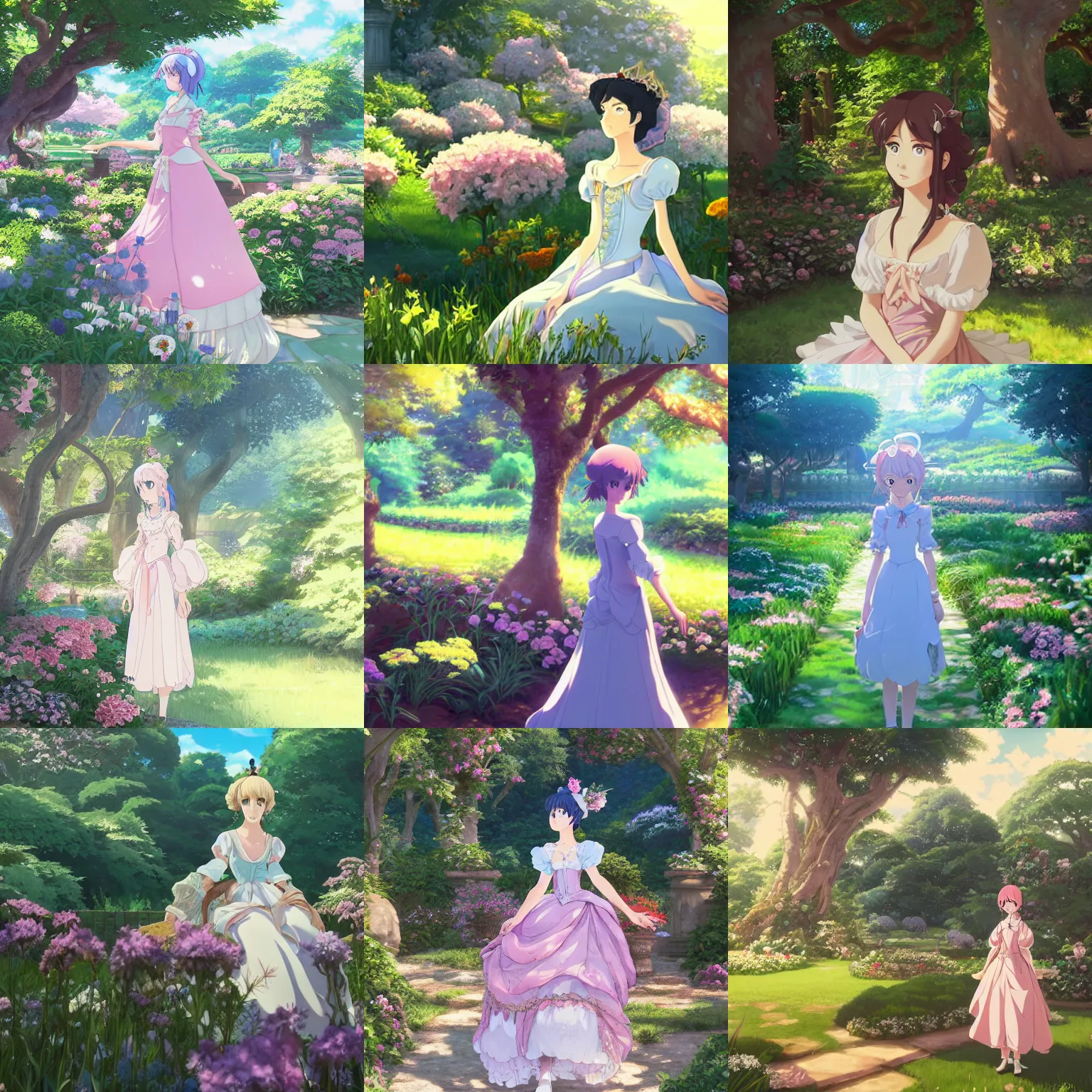 Prompt: character portrait of rococo princess in a garden, by makoto shinkai