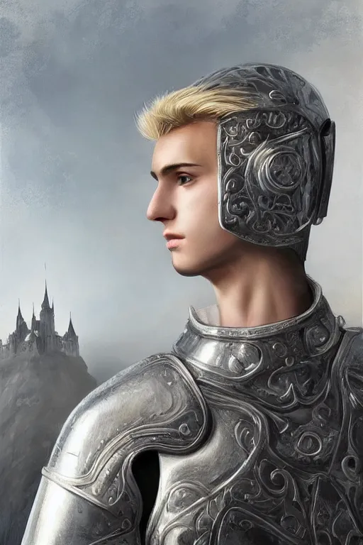 Image similar to a blonde male teenager wearing a silver plate armor, digital painting, digital art, oil painting, masterpiece, realistic and detailed face, profile picture, realistic, highly detailed, high quality, symmetrical, low contrast, trending on deviantart, soft colors, soft lighting, face portrait, beautiful, elegant, castle in the background, bokeh, artgem style