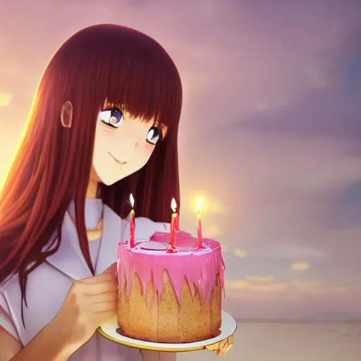 Image similar to Render of a beautiful 3d anime woman holding a birthday cake to show the camera, long light pink hair, full bangs, hazel eyes, cute freckles, full round face, proud smile, Chinese heritage, cute checkerboard sundress, golden hour, serene beach setting, medium shot, mid-shot, hyperdetailed, trending on Artstation, Unreal Engine 4k