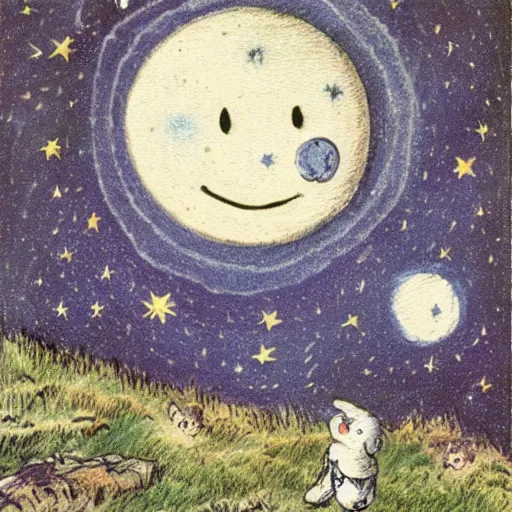 Prompt: night sky, stars, literally smiling moon with happy eyes prominently in the center, surrounded by clouds, landscape, illustrated by peggy fortnum and beatrix potter and sir john tenniel