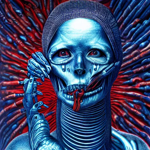 Image similar to the universe is anatomically correct, hyperrealistic rendering, h. r. giger, perfection, red and blue, smoke in air, scary, beautiful, high detail, cinematic