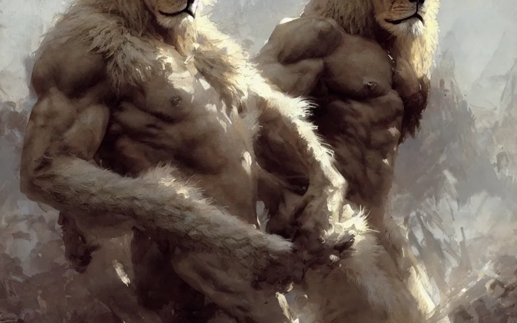 Prompt: muscular male furry albino lion young handsome male dnd, muscle, painting by gaston bussiere, craig mullins, greg rutkowski, yoji shinkawa