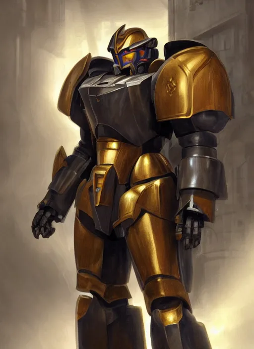 Image similar to medium-length portrait of a male paladin with short curly hair and a salt-and-pepper beard, dark brown skin, wears a suit of power armor, magitech!, gundam, medieval setting, highly detailed, digital painting, artstation, concept art, sharp focus, illustration, art by greg rutkowski and alphonse mucha