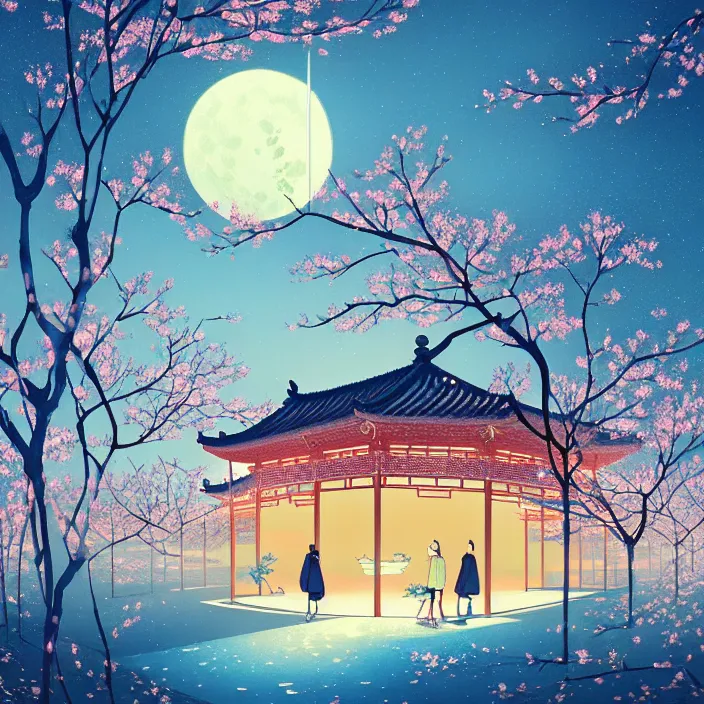 Prompt: illustrations of At night, willows and peach trees full of peach blossoms are strewn at random on both sides of the pavilions, and the bright moon is directly above the pavilions, Chinoiserie，light effect. By Victo Ngai and Cyril Rolando