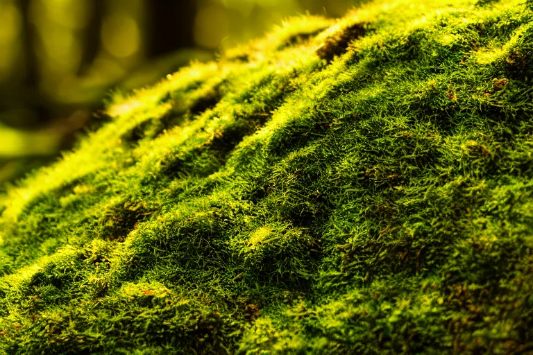 Image similar to macro photograph of moss on the forest floor, bathed in golden light
