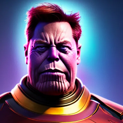 Image similar to a portrait of angry elon musk as thanos, the pixar adaptation, with same hairstyle, hyper detailed, digital art, trending in artstation, cinematic lighting, studio quality, smooth render, unreal engine 5 rendered, octane rendered