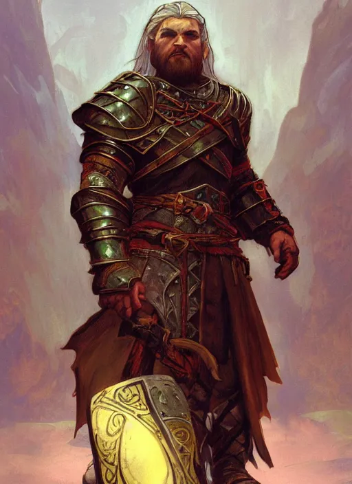 Prompt: a serious looking dwarven cleric wearing adamantine armour. dungeon. fantasy concept art. moody epic painting by james gurney, and alphonso mucha. artstationhq. painting with vivid color. ( dragon age, witcher 3, lotr )