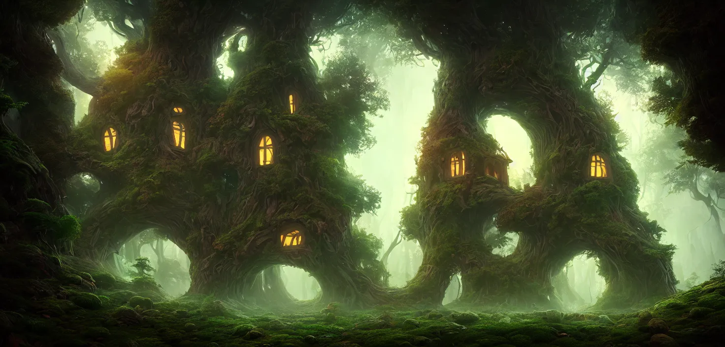 Image similar to random mystic forest giant house close - up fabulous portal, incredible, vector art, octane render, fabulous, hyper detailed, random cinematic view, no noise, global illumination, warm lighting, volumetric, godrays, vivid, beautiful, by jordan grimmer