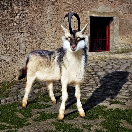 Prompt: hyperrealistic photo of a goat wolf hybrid beast in the square of a small medieval village