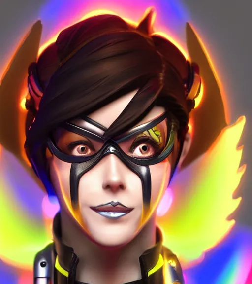 Image similar to portrait bust digital artwork of tracer overwatch, wearing black iridescent rainbow latex, 4 k, expressive happy smug expression, makeup, in style of mark arian, angel wings, wearing detailed black leather collar, chains, black leather harness, detailed face and eyes,