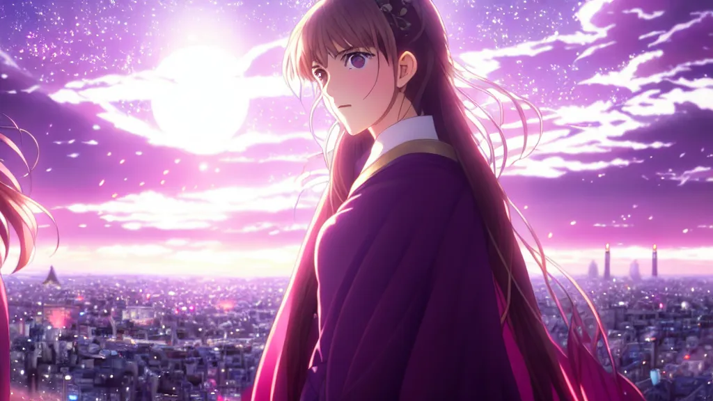 Image similar to medium portrait emma watson in heavens feel movie, detailed face, violet evergarden, tokyo, ufotable, key visual, cinematic, city background, night time, street, fate stay night, unlimited blade works, greg rutkowski, high resolution, street clothes, anime, high budget