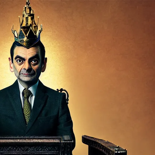 Prompt: A portrait of Mr. Bean depicted as a medieval king on throne, close up shot, atmospheric lighting, painted, intricate, volumetric lighting, beautiful, rich deep colours masterpiece, golden hour, sharp focus, ultra detailed, by Leesha Hannigan, Ross Tran, Thierry Doizon, Kai Carpenter, Ignacio Fernández Ríos