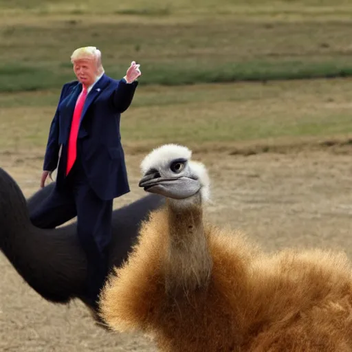 Prompt: Donald trump riding an ostrich to war