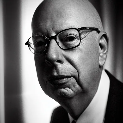 Prompt: klaus schwab, portrait photo, black and white, dramatic lighting