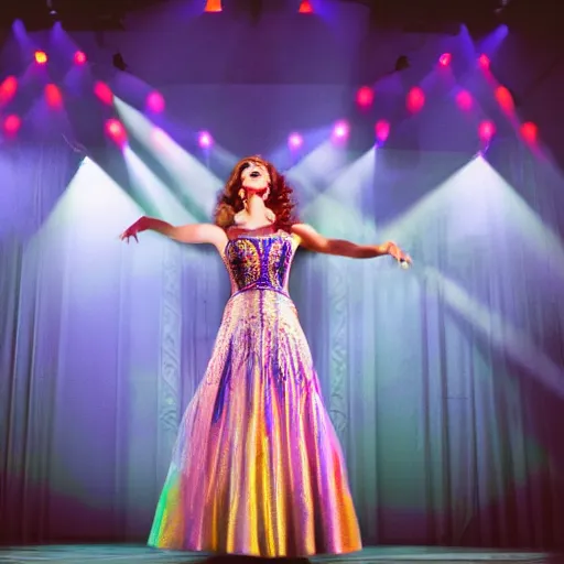 Image similar to beautiful actress singing on a stage of a broadway musical, colorful dress, tall decorations, grey setting, extremely detailed, professional photography, theatrical lighting, volumetric lighting, hyperrealism