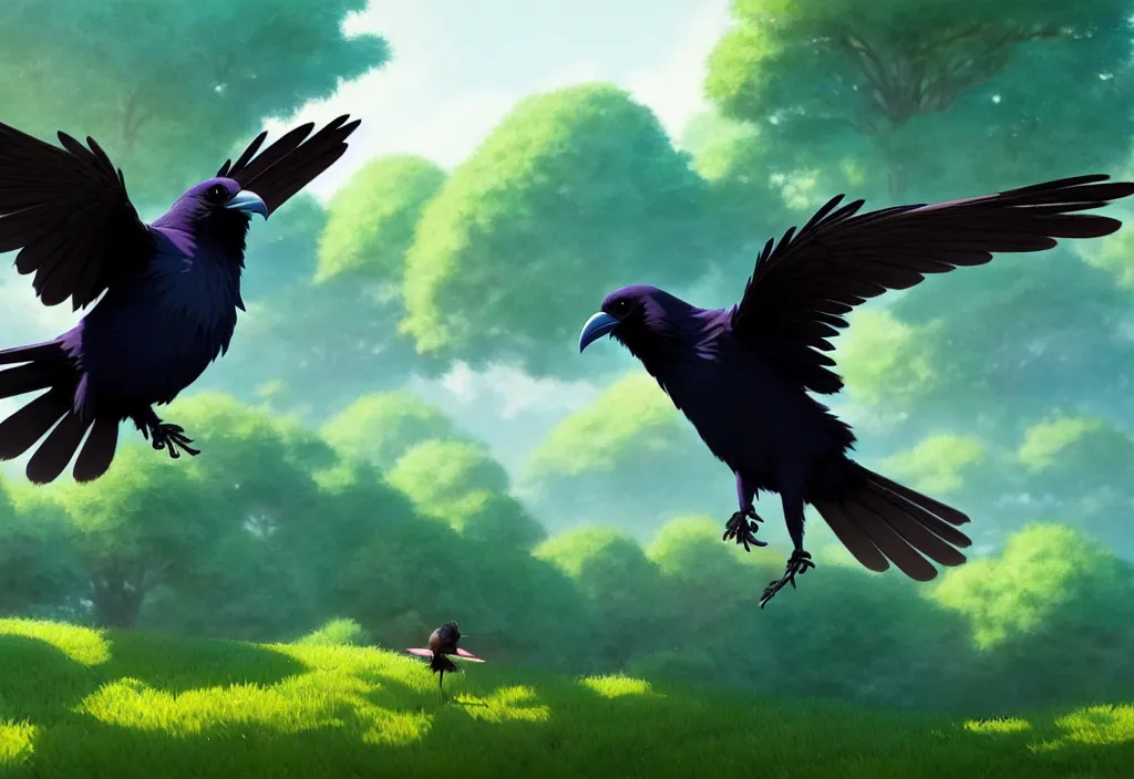 Image similar to a wholesome animation key shot of a cute stripe colored raven flying above the forest, studio ghibli, pixar and disney animation, sharp, rendered in unreal engine 5, anime key art by greg rutkowski, bloom, summer lighting