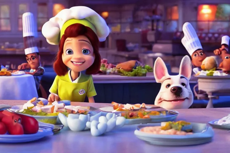 Image similar to promotional image of a puppy as a chef in the new pixar movie, movie still frame, promotional image, imax 70 mm footage