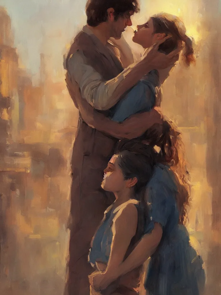 Image similar to masterpiece painting by salman toor, of a solo individual portrait of a guy and a girl kissing, cinematic light, renaissance, atmospheric effects, artstation