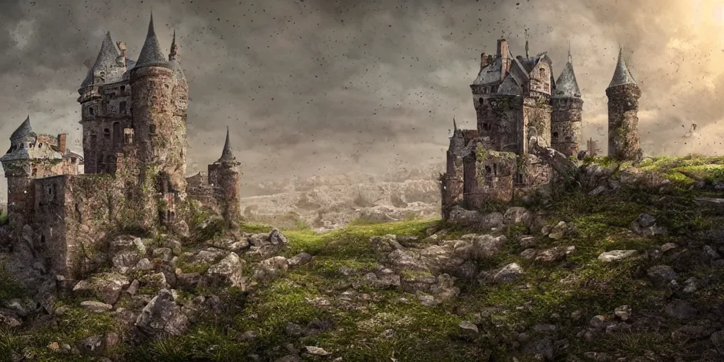 Image similar to a abandoned castle on the edge of a high cliff, 8 k, shallow depth of field, intricate detail, concept art,