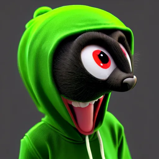 Image similar to a relaxed stoner with a black hoodie on with a marijuana themed dark green raccoon head from my little pony, 3 d, blender 3 d, render, extremely detailed, 8 k, has cracked red eyes