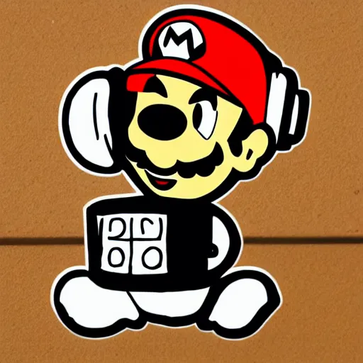 Image similar to svg sticker of a Pop-Wonder SuperMario, Mario-Wearing-a-red-hat, at a rave, spinning records, giant headphones rocking out, wearing headphones, huge speakers, dancing, rave, DJ, spinning records, digital art, amazing composition, rule-of-thirds, award-winning, trending on artstation, featured on deviantart