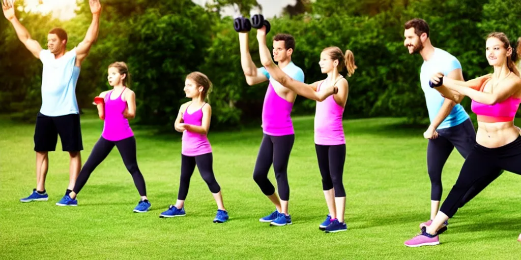 Image similar to a husband and wife exercising with four kids studying, award winning photo,