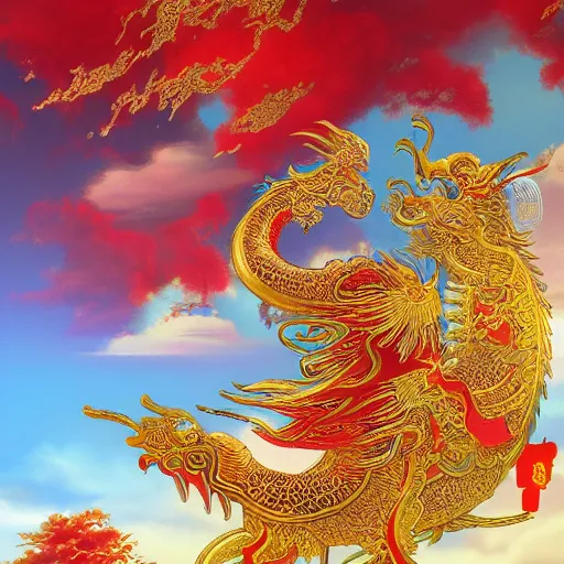 Image similar to golden paper + an intricate chinese dragon in the clouds depiction + elaborate red illustration by wu daozi, tang yin, qiu ying, very detailed, deviantart, 8 k vertical wallpaper, tropical, colorful, airy, anime illustration, anime nature