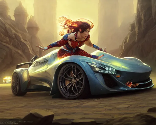 Prompt: sports car stunt jump, deep focus, d & d, fantasy, intricate, elegant, highly detailed, digital painting, artstation, concept art, matte, sharp focus, illustration, hearthstone, art by artgerm and greg rutkowski and alphonse mucha