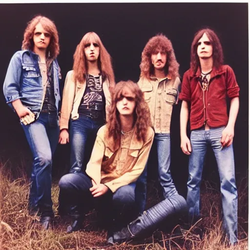 Image similar to group of 1 9 - year - old boys and girls with shaggy wavy hair, wearing double denim, proto - metal band promo, heavy rock band promo photo, early heavy metal, 1 9 7 5 photo