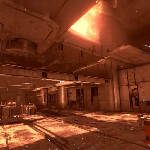 Image similar to a destroyed and burning research facility, black mesa, half - life, modern, lasers, pipes, scientists, photo realistic