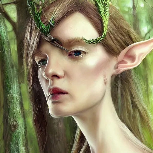 Prompt: a realistic portrait of a realistic female elf with a long withe and light green dress holding a scepter walking in the woods , perfect and hyperrealistic face, wild face , detailed trees by WLOP