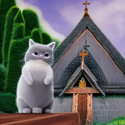 Image similar to claymation of a fluffy grey cat pointing it's paw at a priest in front of a white stave church by studio ghibli fantastic realism ultra - wide angle lens, early morning - - ar 4 : 3