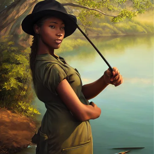 Image similar to oil painting by ilya kuvshinov,, baugh casey, artgerm craig mullins, coby whitmore, of a youthful black girl, long hair, fishing and wearing fisherman's outfit, fisherman's hat, highly detailed, breathtaking face, studio photography, noon, intense bounced light, water reflection, large tree casting shadow, serine intense sunlight