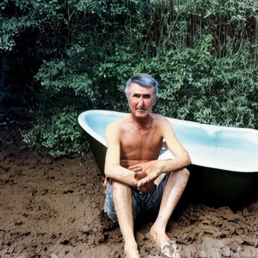 Image similar to autochrome photograph of Randy Mantooth sitting in a bathtub filled with mud under a tree