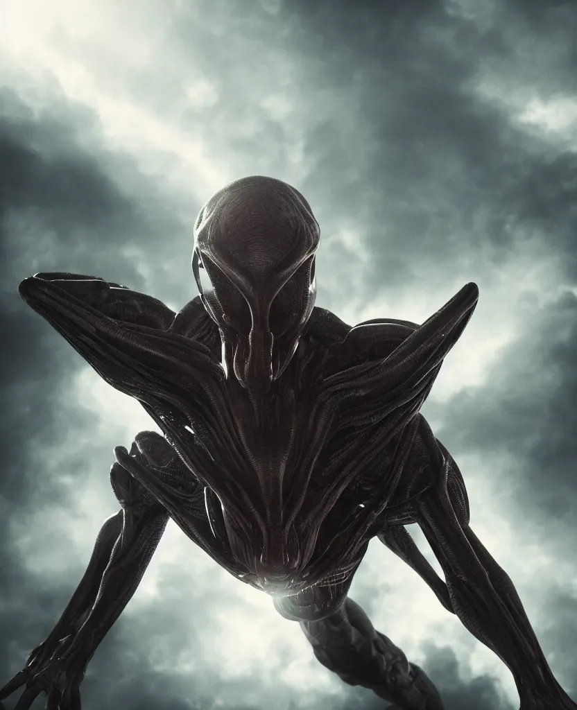 Image similar to a hero portrait of an alien creature looking down at the camera, dramatic rim lighting